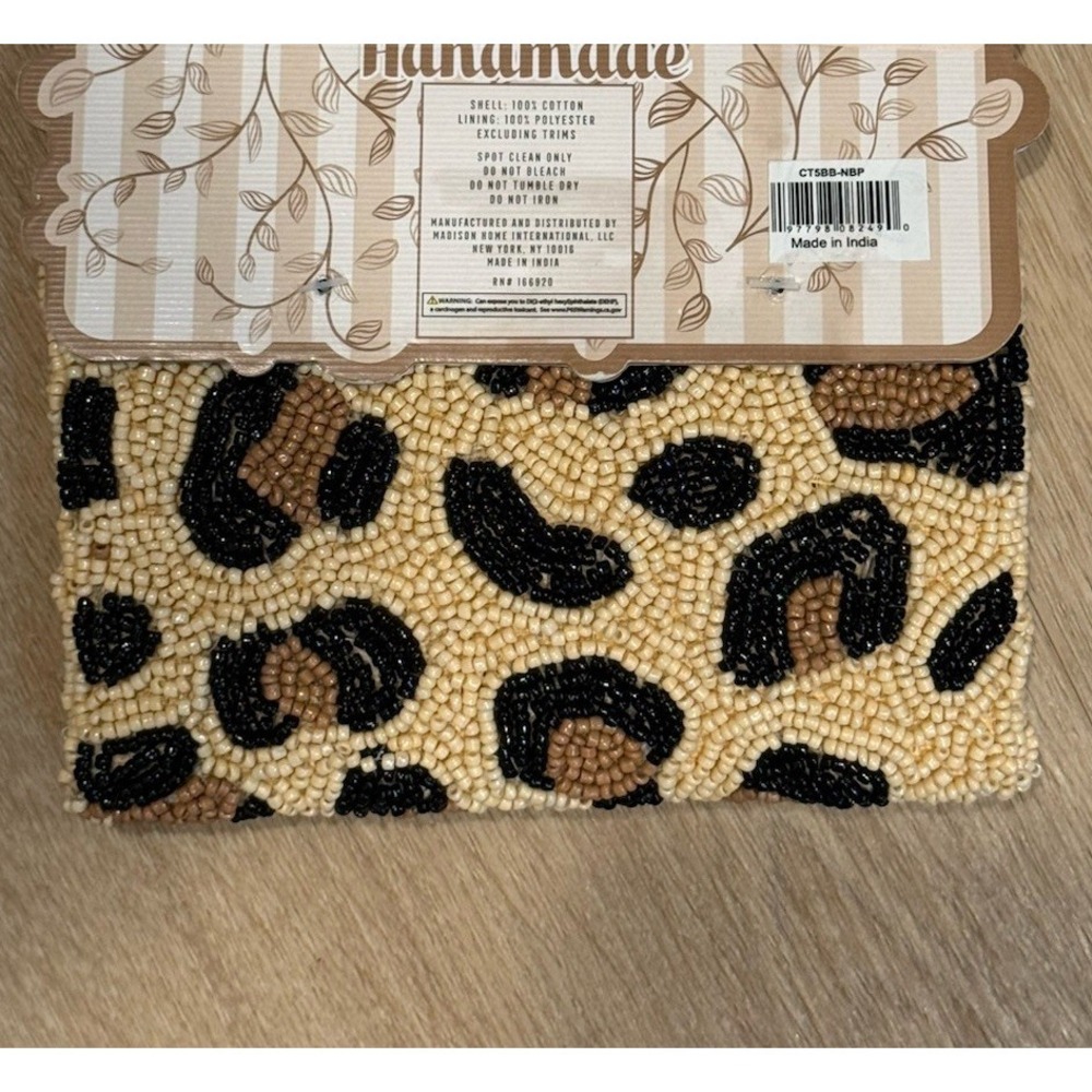 India Handmade Beaded Leopard Coin Purse Tan Black‎ Bag NWT - Picture 2 of 2